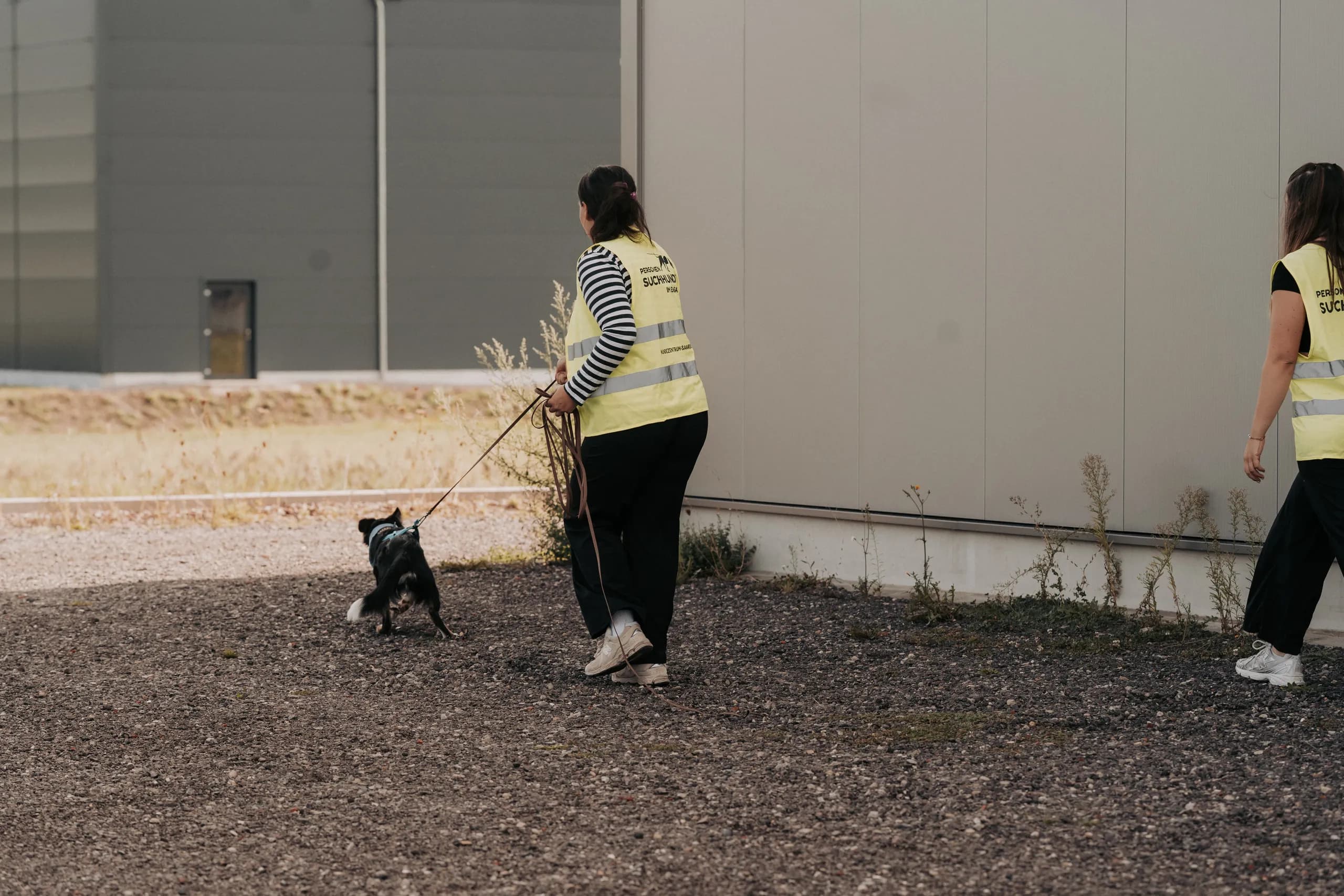 Hundeführerin in Warnweste folgt von hinten ihrem Hund an der Schleppleine um eine Hallenecke, eine zweite Person geht voraus